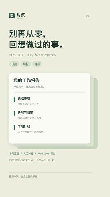 报告宣传图：日报、周报、月报，从完成记录开始。